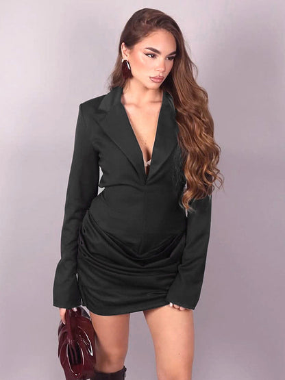 Cross-border European and American women's autumn and winter new temperament solid color deep V lapel pleated waist mini hip wrap dress for women