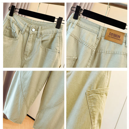 Khaki, American military green, design with large pockets, scimitar jeans, women's floor-length wide-leg trousers, extended mid-pants