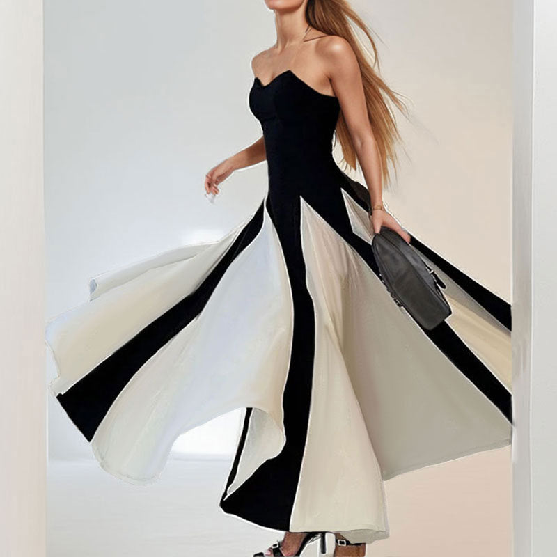 2026 spring new cross-border European and beautiful clothing fashionable commuting temperament elegant bandeau one-shoulder solid color dress