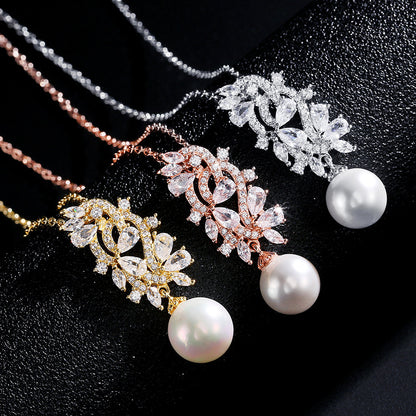 Cross-border bestselling jewelry: zircon floral and leaf necklace, faux pearl collarbone chain, European and American style light luxury bridal dinner accessory