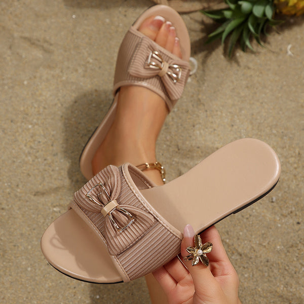 European and American cross-border women's shoes, export fashion slippers, classic elegance, versatile solid color metallic decorative round-toe flat sandals
