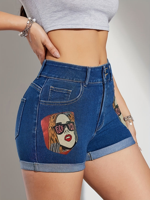Summer new European and American street trendy brand high-waisted slim denim mid-high stretch color printed shorts for women