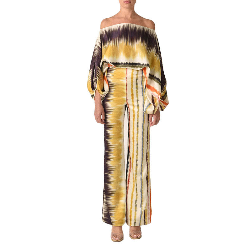 Spring 2026 New Cross-border European Women's Clothing Printed Crew Neck Loose Bat Sleeve Waist Wide-leg Pants Fashion Suit