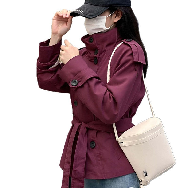 2026 spring new European and American cross-border design solid color versatile double-breasted waist tie-up cropped trench coat jacket