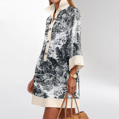 2026 spring new European and American cross-border women's temperament elegant shirt dress loose printed dress for women