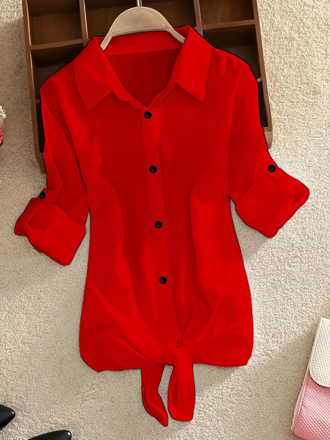 Cross-border European and American solid color shirt, long sleeve, lapel casual button, women's business style shirt