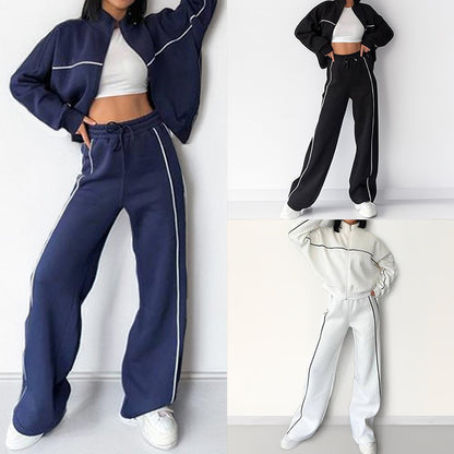 2026 New European and American Amazon Casual Long Sleeve Cardigan Sports Sweatshirt Lace-up Striped Pants Fashion Suit Women