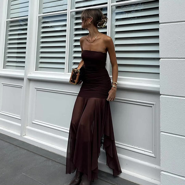 Cross-border spring and summer 2025 new European and American clothing sexy bandeau sleeveless pleated slim mesh patchwork dress for women