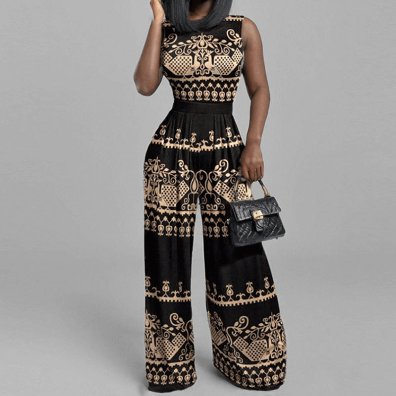 2025 European and American cross-border spring new fashion hot selling casual trousers slim print sleeveless women's jumpsuit