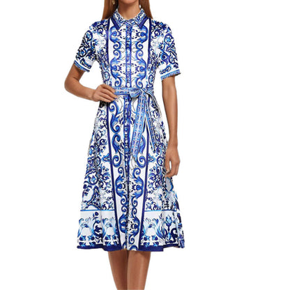 2026 Amazon European and American foreign trade women's spring new lapel long-sleeved national style print lace-up short-sleeved dress