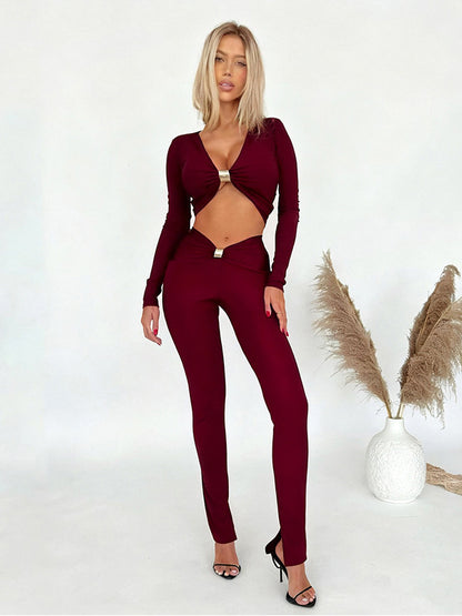Foreign trade autumn and winter new European and beautiful women's clothing sexy V-neck crop navel long-sleeved top high-waisted skinny trousers two-piece set for women