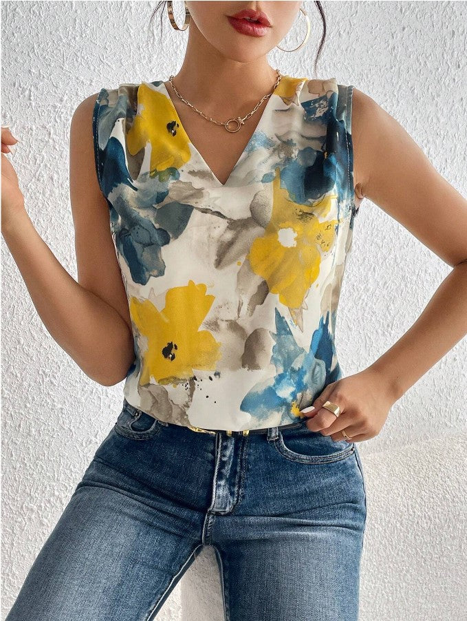 In stock European and American cross-border 2024 Amazon spring/summer new flower print V-neck sleeveless top