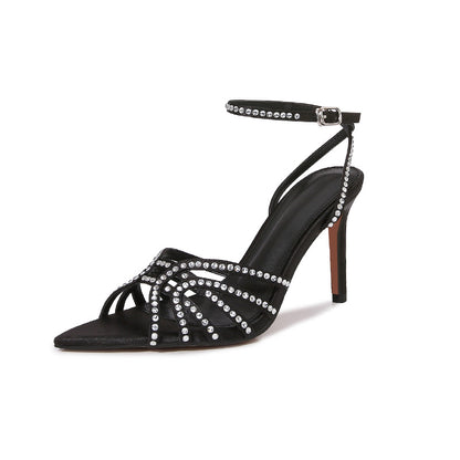 Spring 2026 European and American style satin stiletto pointed toe women's sandals sexy high heels open toe fashion versatile women's shoes