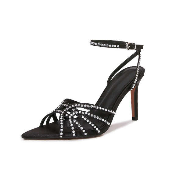 Spring 2026 European and American style satin stiletto pointed toe women's sandals sexy high heels open toe fashion versatile women's shoes