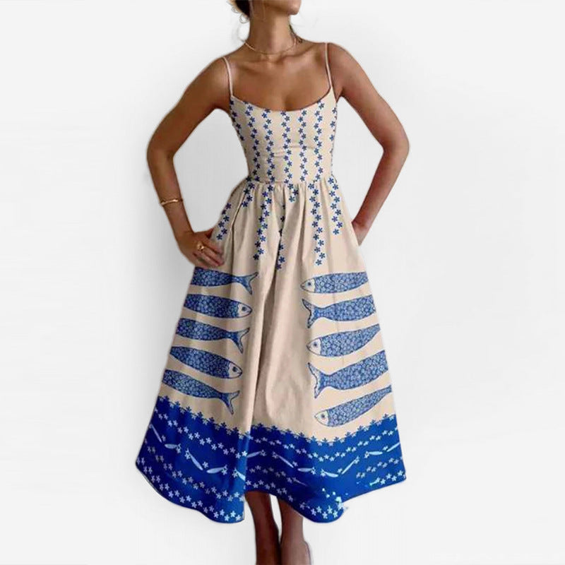 Amazon's new cross-border European and American fashion print pleated waist slip dress for spring 2026