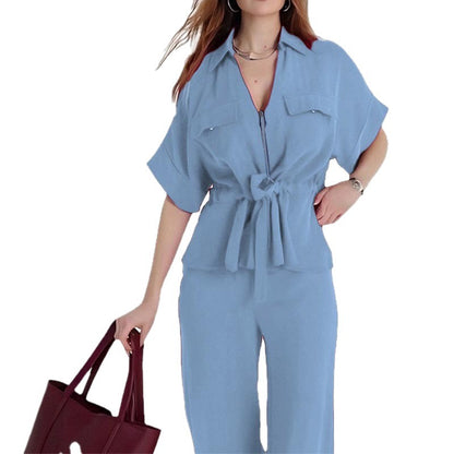 AliExpress 2025 New European and American Fashion Casual Suit Women's Workwear Style Drawstring Pocket Two-Piece Women's Suit