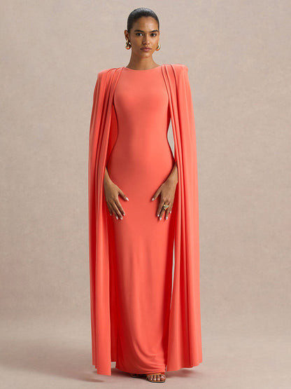 Vestido de festa para mulher estilo celebridade, novo modelo para o outono e inverno, cor sólida, gola redonda, plissado, com detalhe xaile.