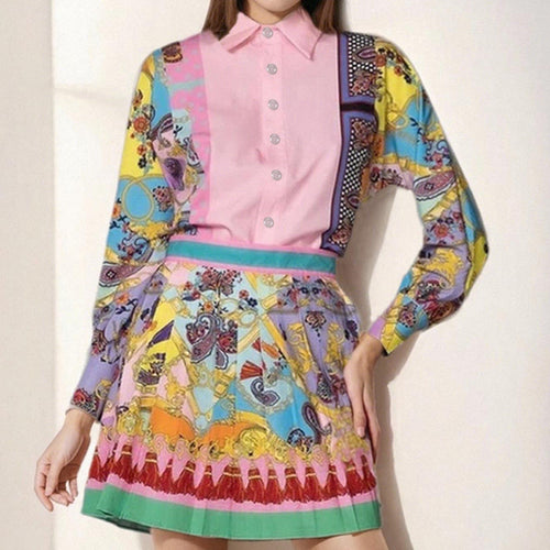 2025 Spring European and American Cross-border Women's New Printed Long-sleeved Shirt Top + Pleated Skirt Set Women's Two-Piece Set