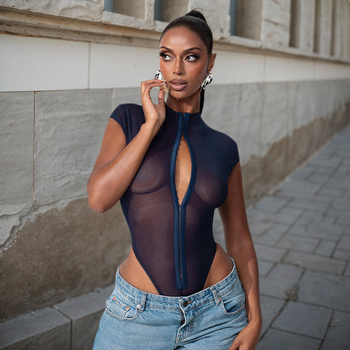 Cross-border AliExpress 2025 Summer New European and American Clothing Metal Buckle Sexy See-Through Slim Mesh Bodysuit