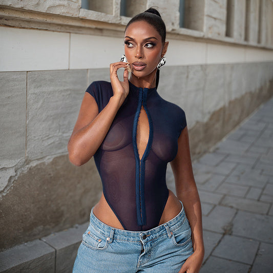 Cross-border AliExpress 2025 Summer New European and American Clothing Metal Buckle Sexy See-Through Slim Mesh Bodysuit