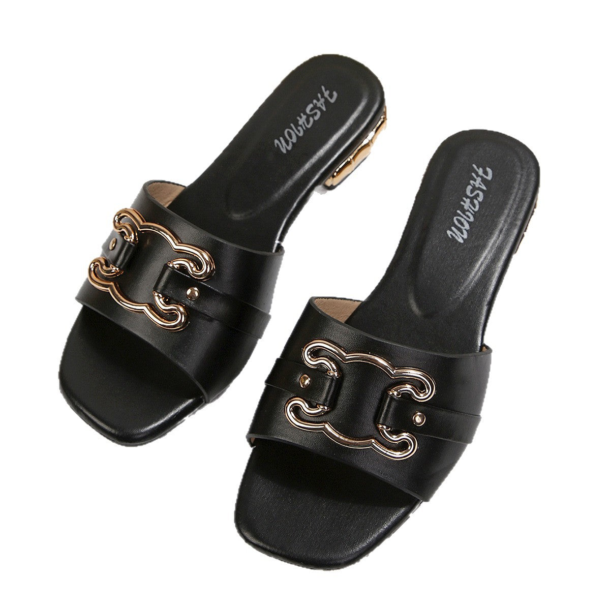 Fashionable and comfortable women's square-toe high-heeled sandals, women's slippers, elegant versatile metal decorative buckle square-toe sandals