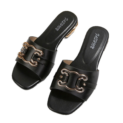 Fashionable and comfortable women's square-toe high-heeled sandals, women's slippers, elegant versatile metal decorative buckle square-toe sandals