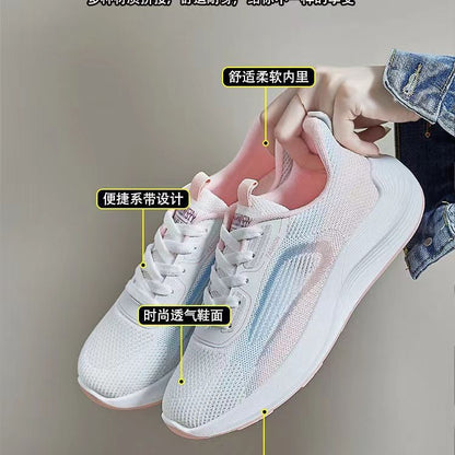 Ténis de malha respirável para mulher, modelo "Flying", lançamento outono 2023 na Coreia, ideal para estudantes que procuram corrida e uso casual. Disponível para envio direto.