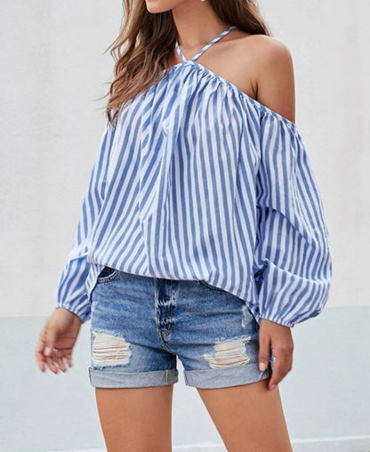 Europe and the United States 2023 cross-border Amazon spring and autumn new tops striped sexy fashion one-shoulder shirt top for women