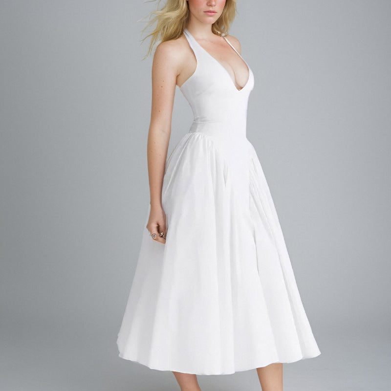 2026 spring new cross-border Amazon European and American clothing solid color temperament sexy V-neck halterneck high-waisted dress