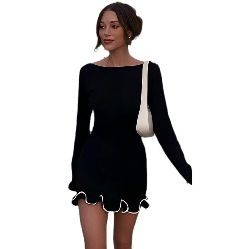 Cross-border Amazon autumn and winter new European and American women's temperament solid color round neck long sleeve slim ruffle dress women