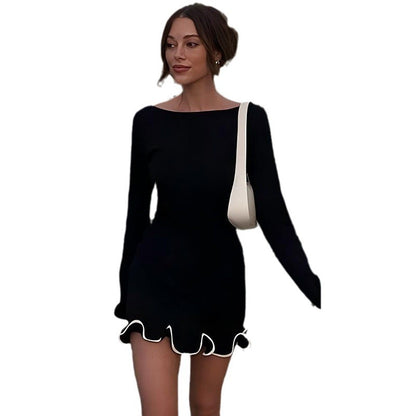 Cross-border Amazon autumn and winter new European and American women's temperament solid color round neck long sleeve slim ruffle dress women