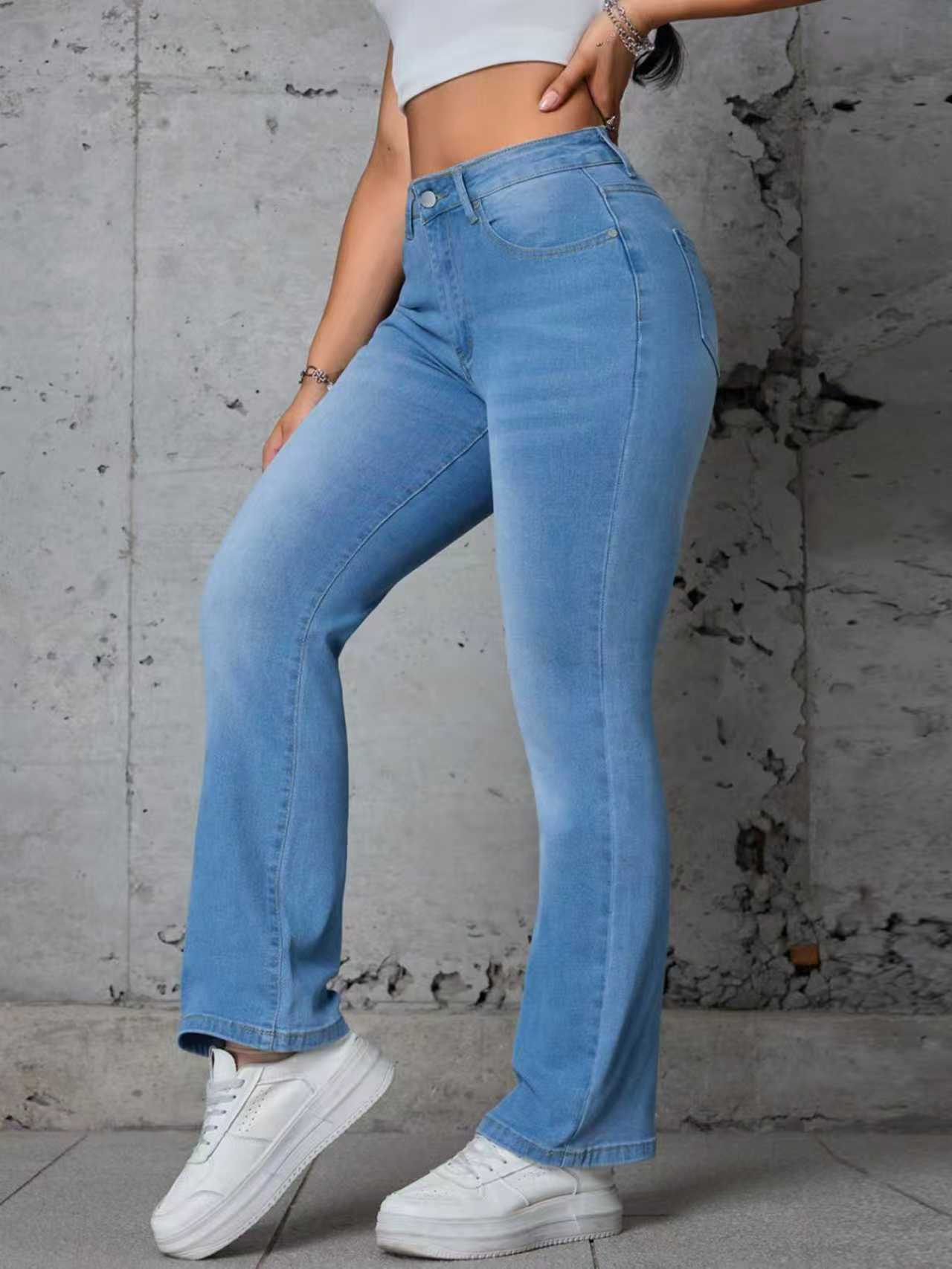European and American foreign trade cross-border women's jeans blue washed classic stretch small straight denim trousers JEANS