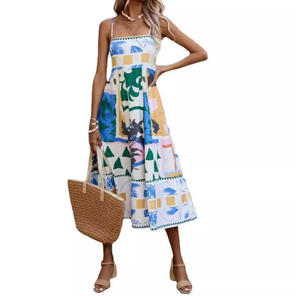 Europe and the United States 2023 Foreign Trade Cross-border Independent Station Summer Women's Clothing Sexy Positioning Printed Suspender Sleeveless Swing Dress