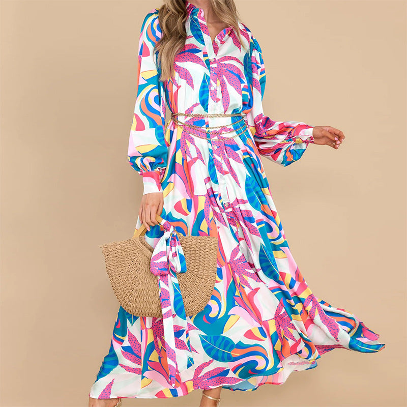 2025 Amazon Spring New Cross-border European and American Clothing Elegant Print Casual Slimming Lapel Dress