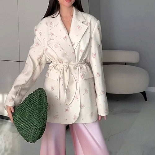 Spring 2026 new cross-border European and beautiful fashion elegant loose lace-up V-neck print long-sleeved jacket