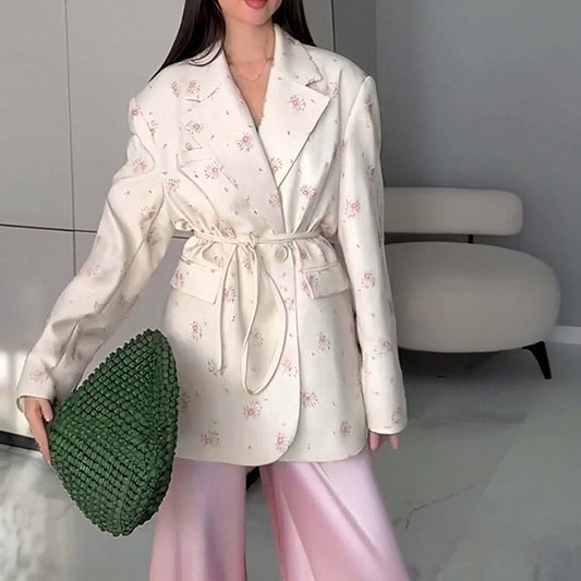 Spring 2026 new cross-border European and beautiful fashion elegant loose lace-up V-neck print long-sleeved jacket