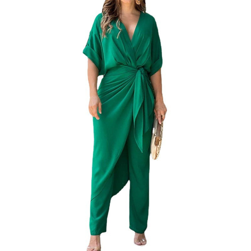 2025 Amazon European and American foreign trade women's ins lace-up V-neck temperament long sleeve fashion suit women's two-piece set 661