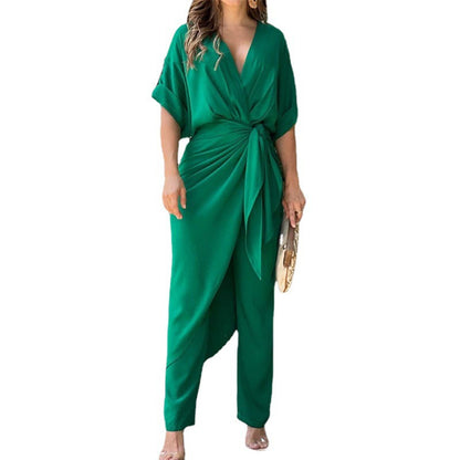 2025 Amazon European and American foreign trade women's ins lace-up V-neck temperament long sleeve fashion suit women's two-piece set 661