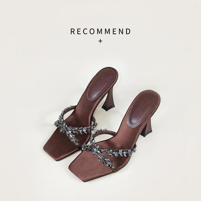 2026 summer European and American silk satin thin heel cross rhinestone square toe open toe slippers high heel slippers fashionable and sexy style