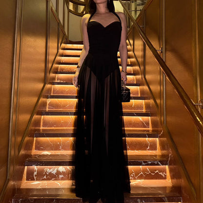 European and American cross-border women's clothing spring and summer new Jin Zhini sexy mesh splicing sleeveless slim halterneck dress for women