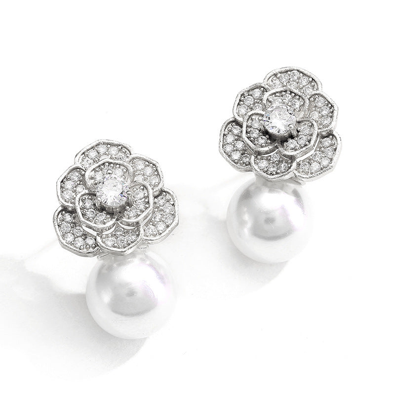 RAKOL 2022 New Creative Rose Flower Light Luxury Zircon Earrings for Women, Fashionable Simple Versatile Pearl Earrings