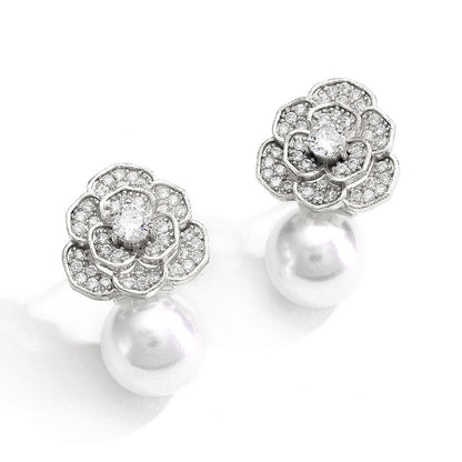 RAKOL 2022 New Creative Rose Flower Light Luxury Zircon Earrings for Women, Fashionable Simple Versatile Pearl Earrings