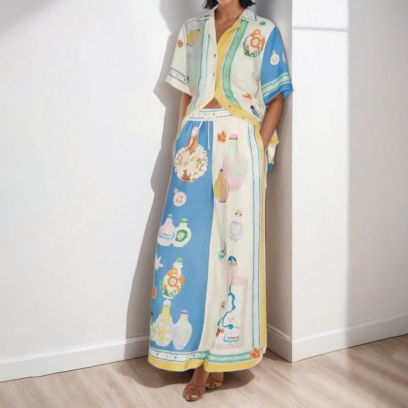 European and American cross-border 2025 independent station AliExpress fashion personality graffiti print color-blocking vacation leisure tether set