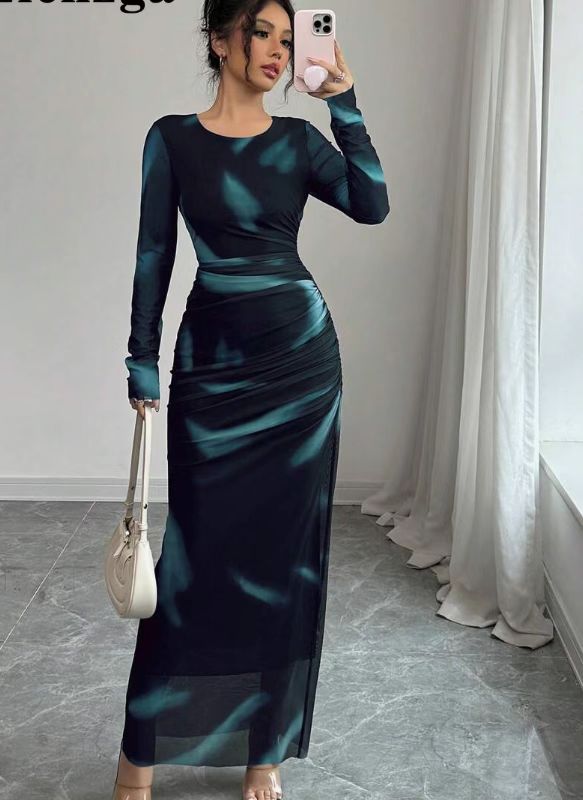 Elegante saia degradê com franzido em tule, modelo 2025, justa e de manga comprida, para a primavera e verão.