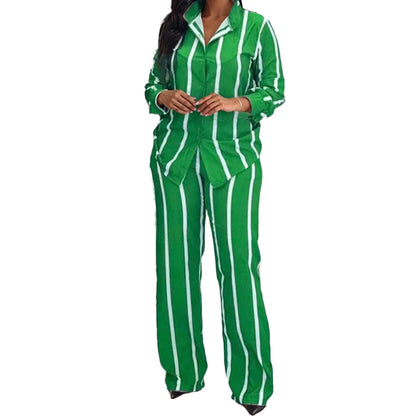 Conjunto de duas peças para mulher, modelo camisa e calças às riscas de manga comprida, estilo europeu e americano, lançamento 2026 da Amazon.