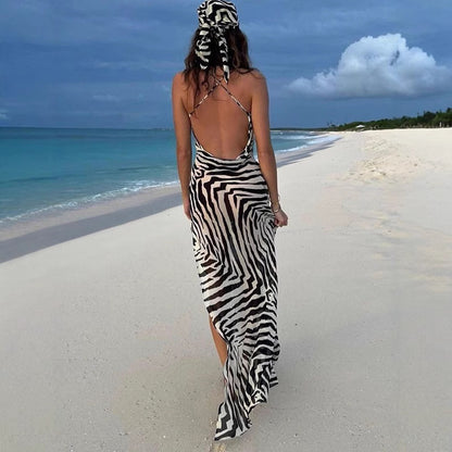 Cross-border 2025 summer new European and American fashion resort style fashion zebra pattern sexy backless halterneck dress for women