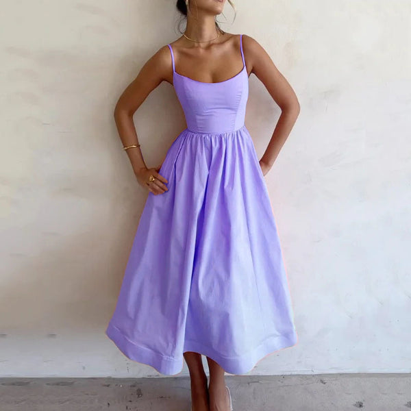 Spring 2026 New European and American Dress Solid Color Sexy U-Neck Waist Pleated Suspender Swing Dress