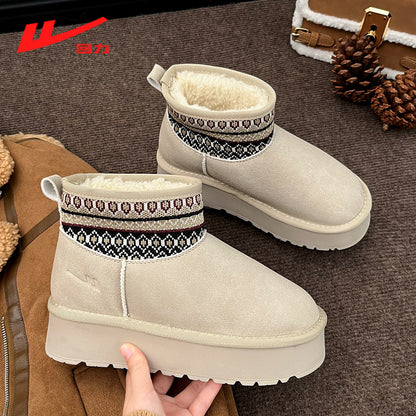 Warrior women's snow boots, 2025 new winter fleece-lined thickened warm cotton shoes, thick-soled fashionable cute board shoes