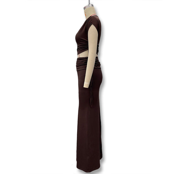 Cross-border 2025 summer new European and beautiful clothing temperament solid color diagonal collar crop top slit skirt two-piece set