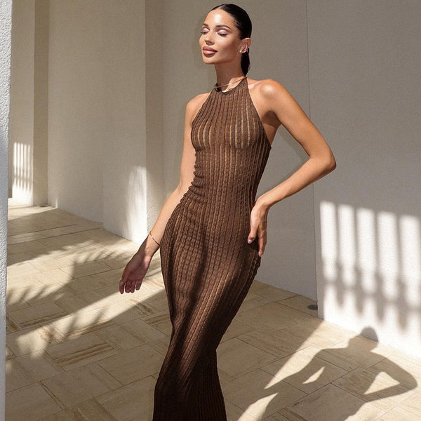 Cross-border European and American style summer new women's halterneck sleeveless slim long skirt women's solid color temperament elegant dress